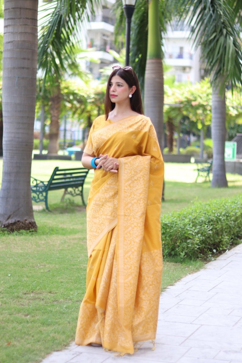 Aastha Fashion Yellow Woven Handloom Raw Silk Saree with Blouse - Distacart