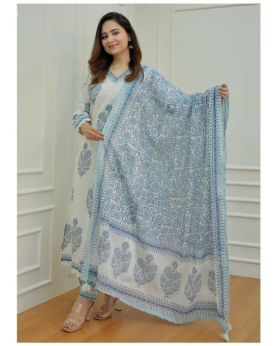 Indian Fashion Women Blue and white Printed Viscose Rayon Kurta, Pant And Dupatta Set