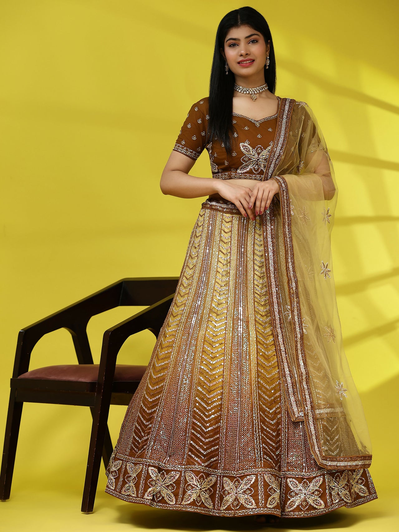 Brown Fancy Net Sequence Embroidered Lehenga Choli with Dupatta - Dhara - Distacart