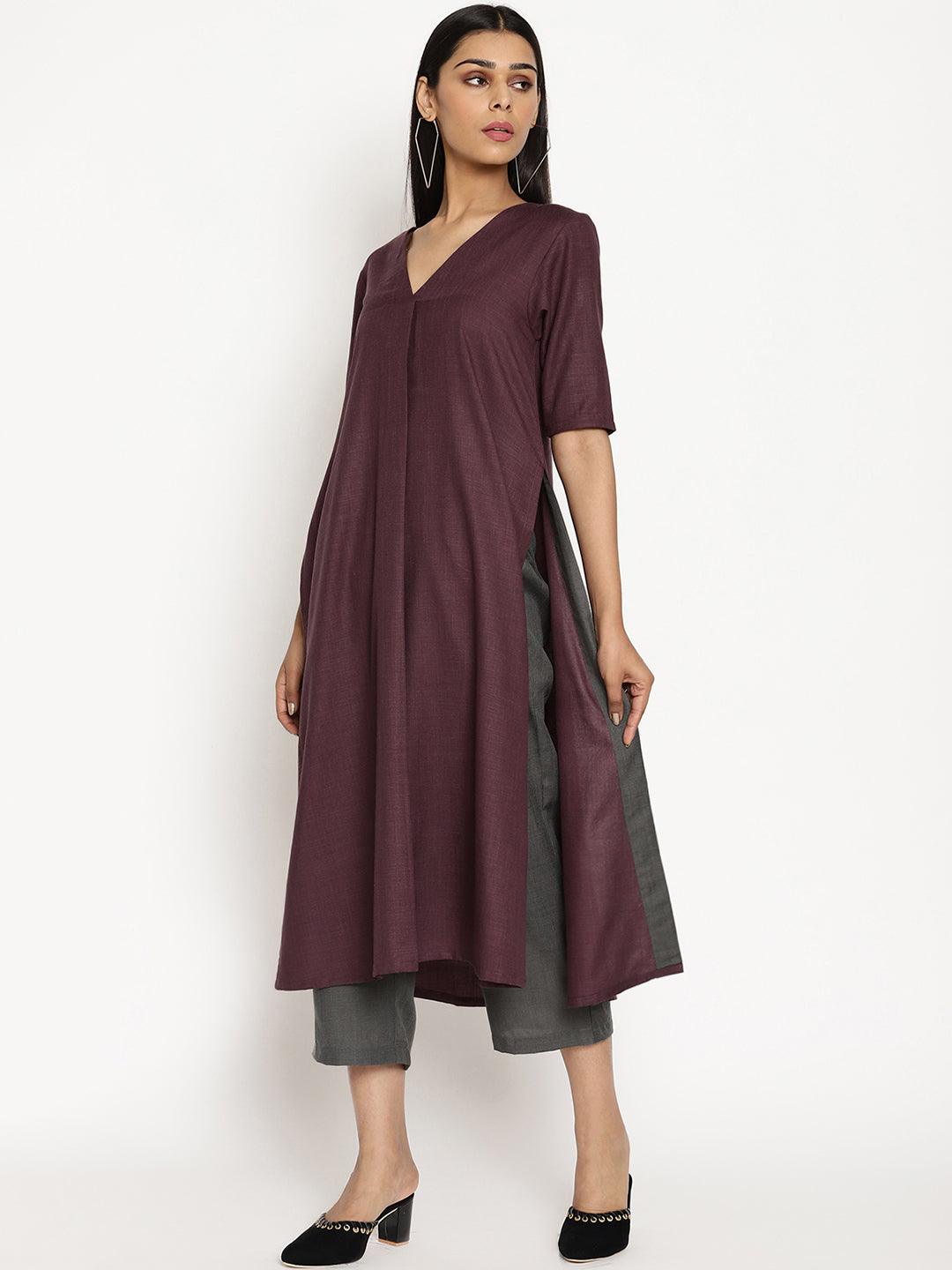 trueBrowns Cotton Linen Purple Kurta Pant Set - Distacart