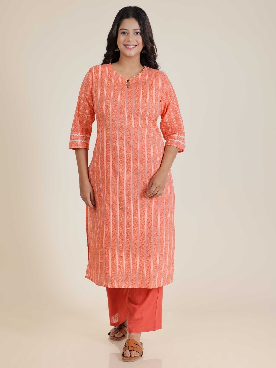 Aramya Straight Soft Cotton Striped Print Women's Kurta - Orange