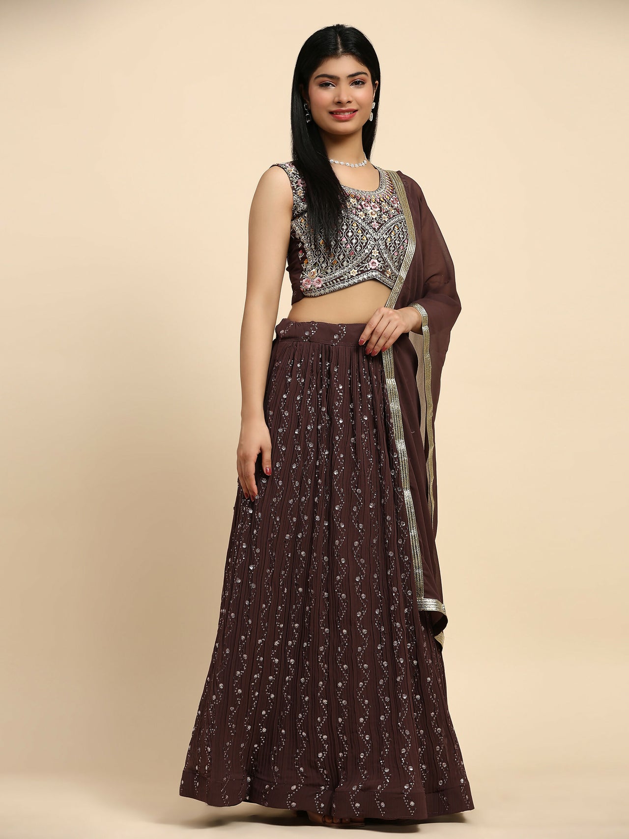 Brown Georgette Embroidered Lehenga choli with Dupatta - Dhara - Distacart