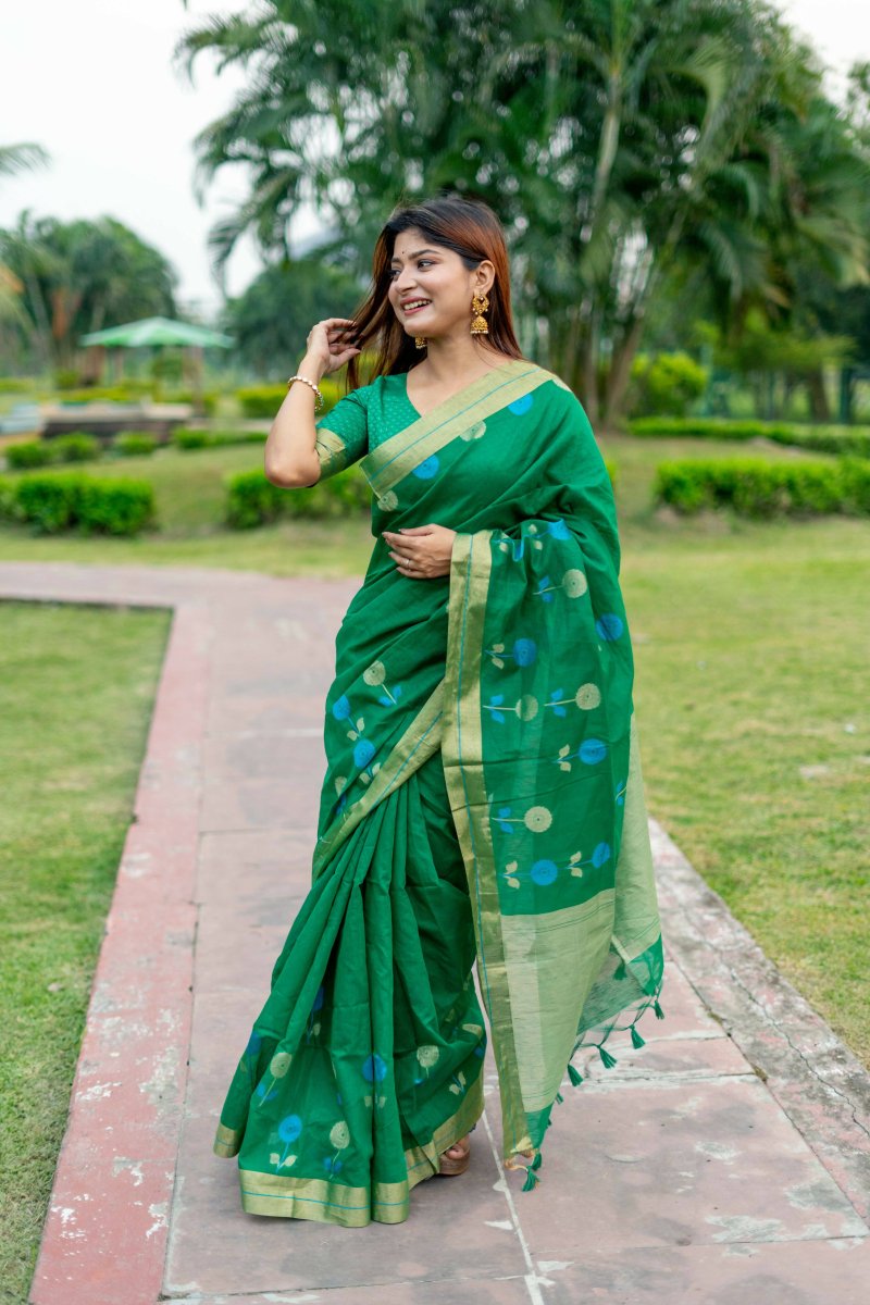 Aastha Fashion Green Woven Cotton Silk Saree with Blouse - Distacart