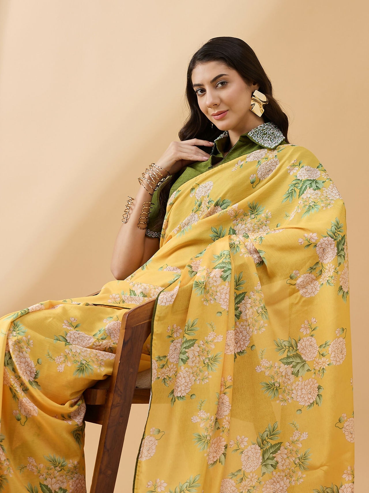 Mustard Chiffon Floral Printed Saree with Stitched Blouse - Dharavi - Distacart