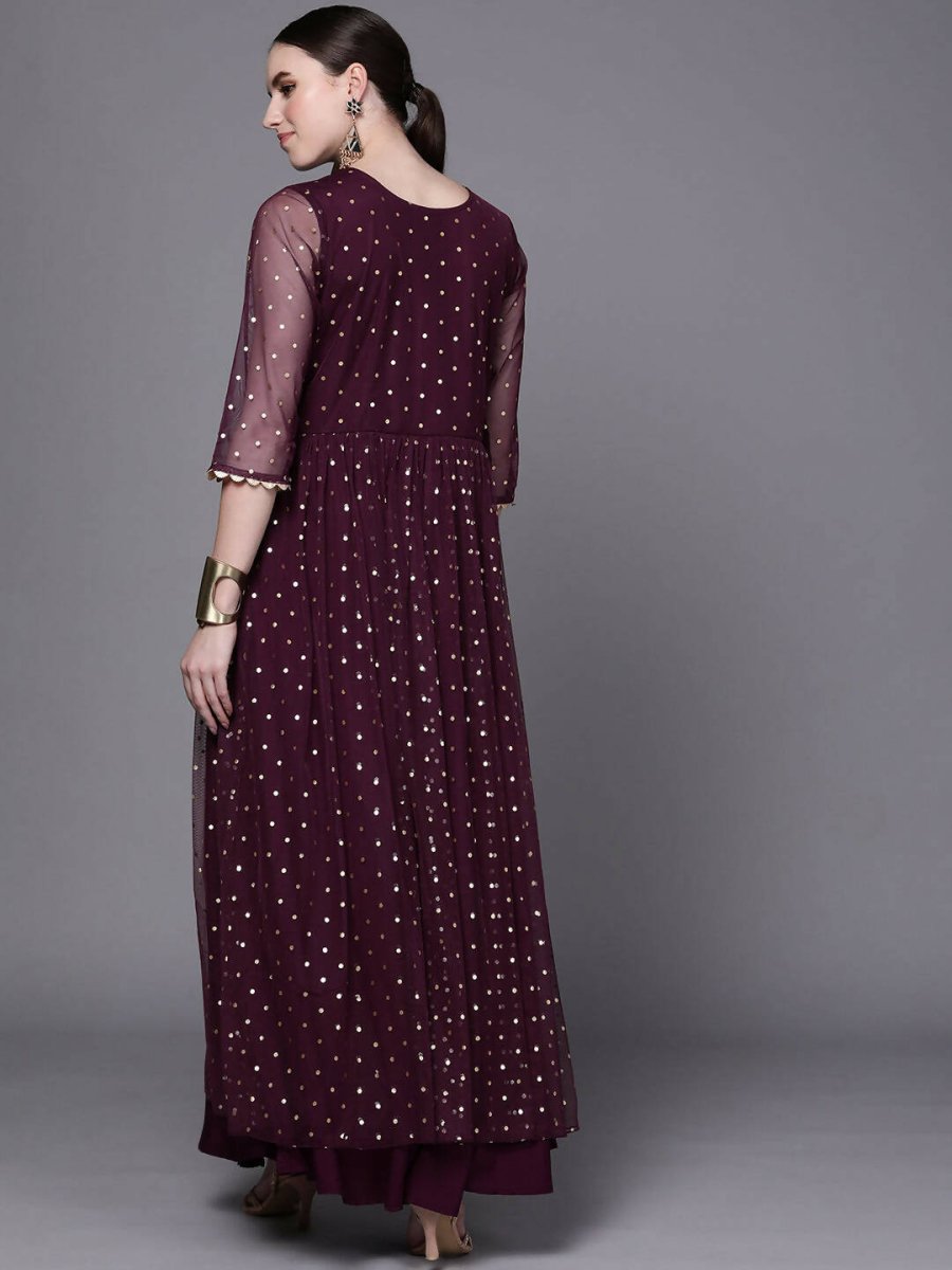 Ahalyaa Women Burgundy Polka Dots Fit & Flare Maxi Ethnic Dress - Distacart