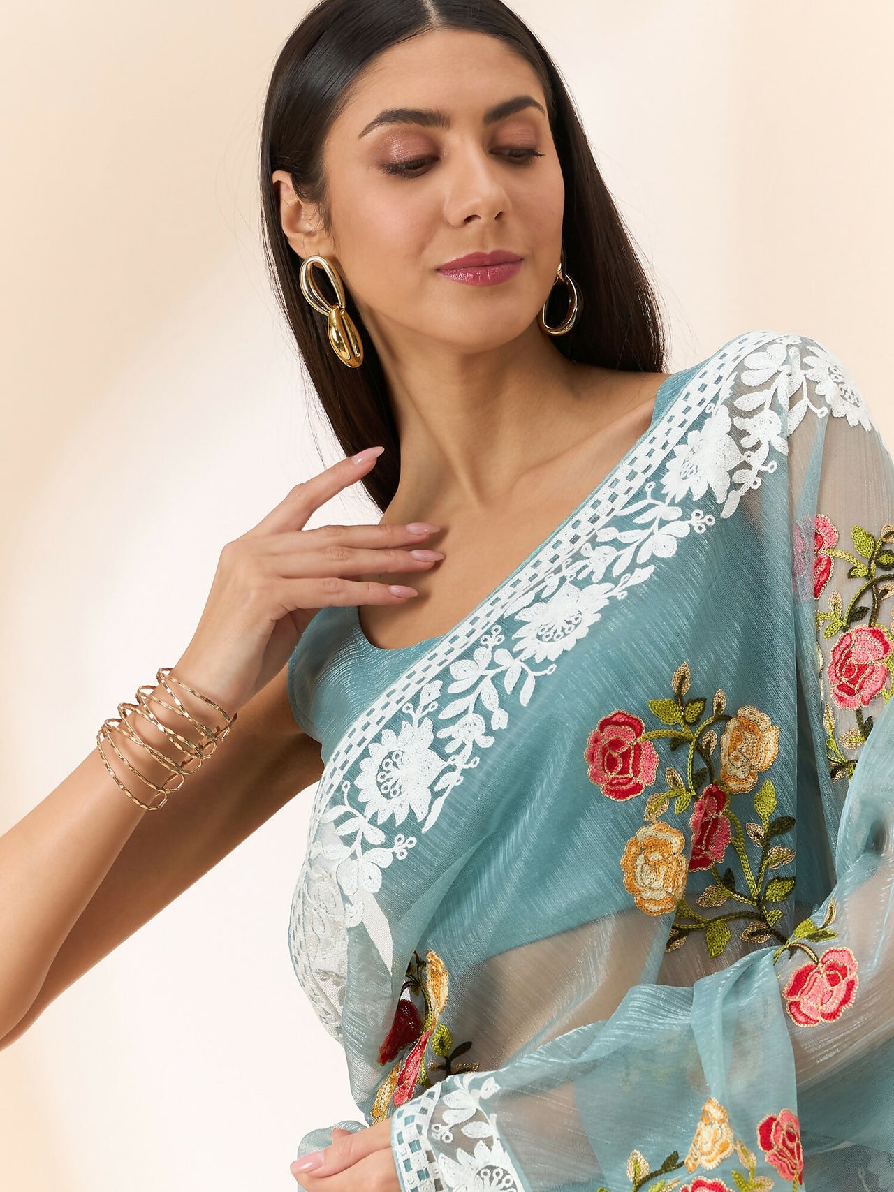 Blue Organza Floral Embroidered Saree with Unstitched Blouse Piece - Roozal - Distacart