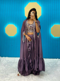 Thumbnail for Preksha Creation Fancy Western Style Rangoli Silk Heavy Work Ruffle Shrug, Tube Choli With Draped Skirt - Purple - Distacart