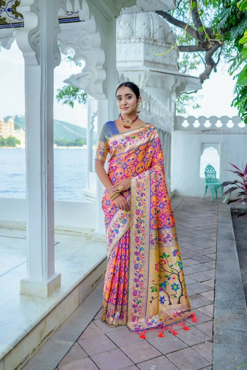 Aastha Fashion Peach Woven Paithani Silk Saree with Blouse - Distacart