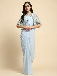 Thumbnail for Blue Chiffon Solid Ready to wear Saree with stitched Blouse - Aayan - Distacart