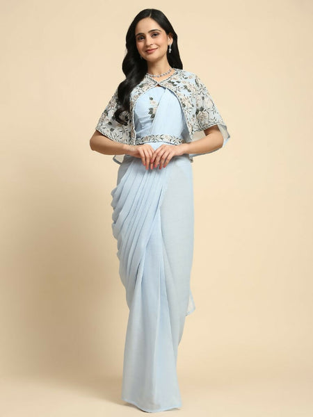 Blue Chiffon Solid Ready to wear Saree with stitched Blouse - Aayan - Distacart