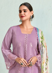 Thumbnail for Lilac Pink Pure Muslin Resham Embroidered Salwar Suit - Emponline - Distacart