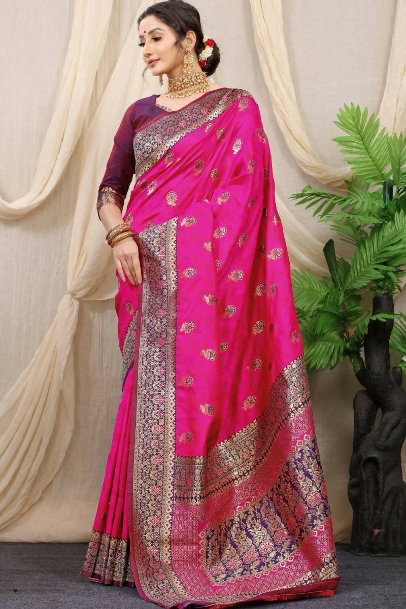 Aastha Fashion Rani Pink Woven Banarasi Silk Saree with Blouse - Distacart