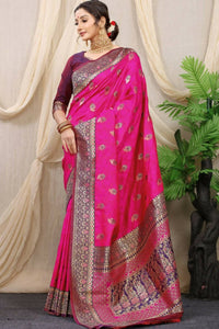 Thumbnail for Aastha Fashion Rani Pink Woven Banarasi Silk Saree with Blouse - Distacart