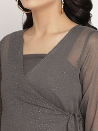 Thumbnail for Ahalyaa Women Charcoal Grey Poly Chiffon Angrakha Kurta with Inner & Sharara - Distacart