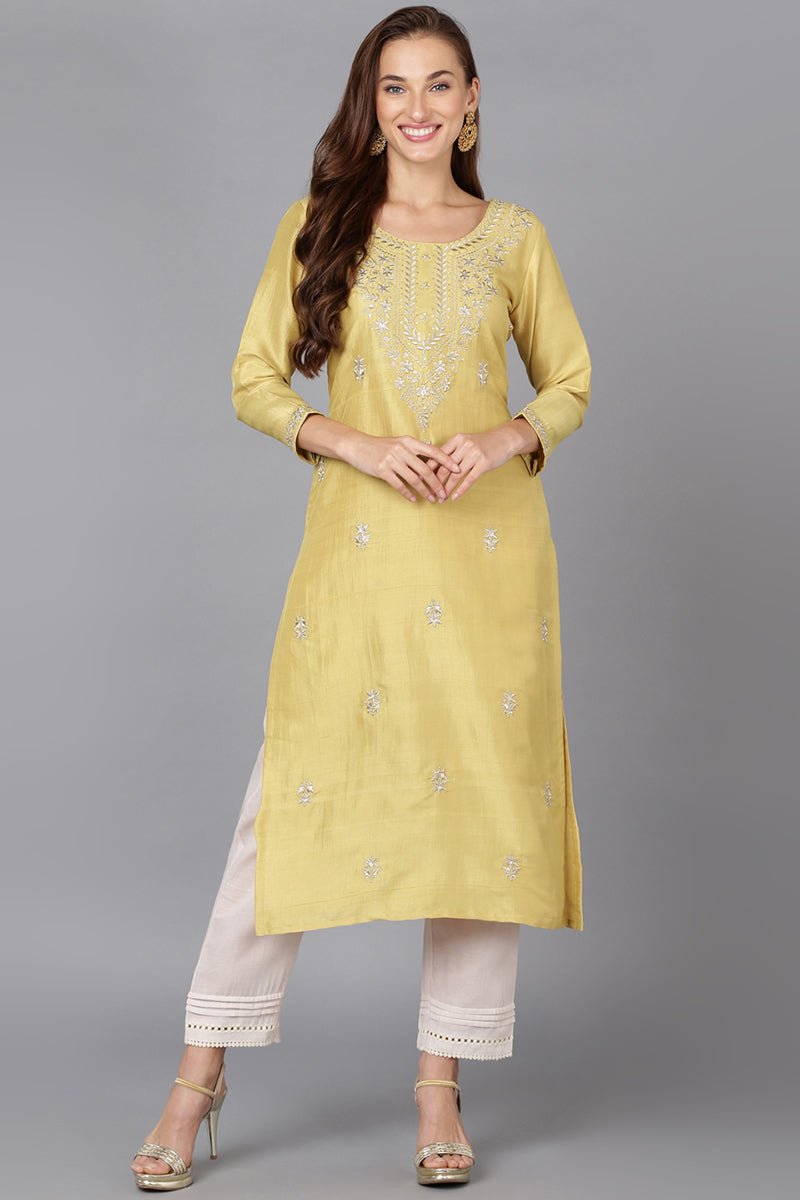 Ahika Yellow Silk Blend Straight Kurtas