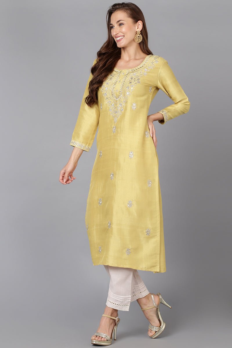 Ahika Yellow Silk Blend Straight Kurtas