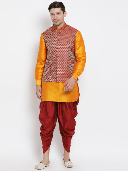 VM by Vastramay Men's Orange Silk Blend Jacket, Kurta And Dhoti Set - Distacart