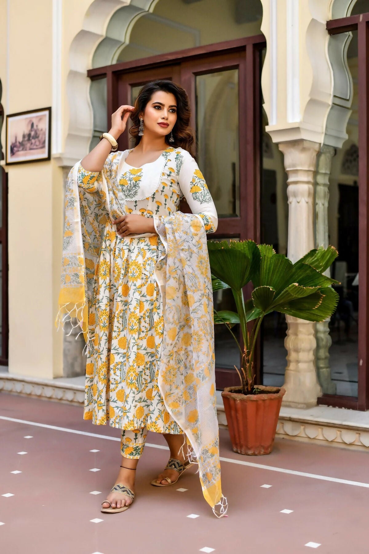 Indian Fashion Women White Printed Pure Cotton Kurta, Pant And Dupatta Set - Distacart