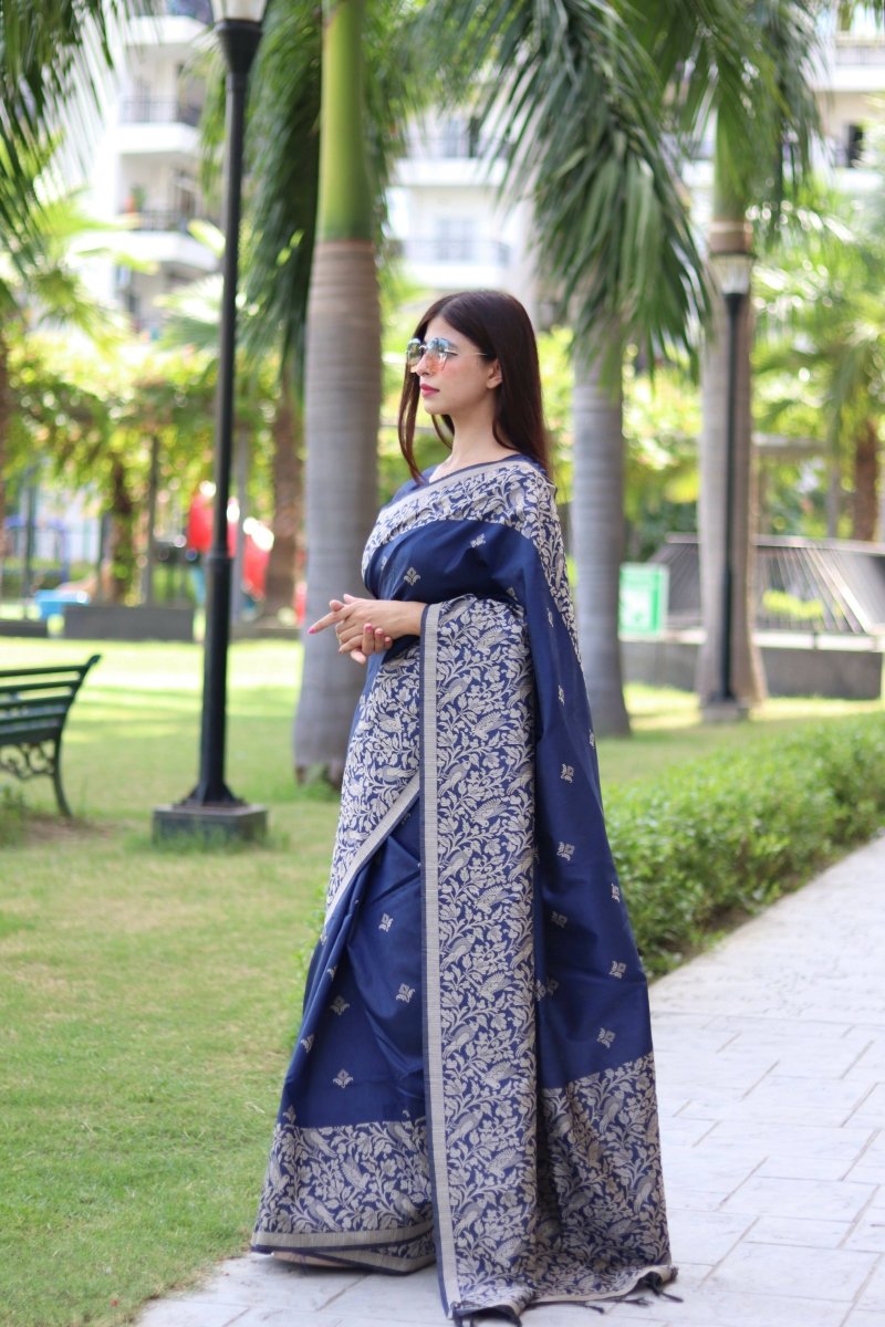 Aastha Fashion Navy Blue Woven Handloom Raw Silk Saree with Blouse - Distacart