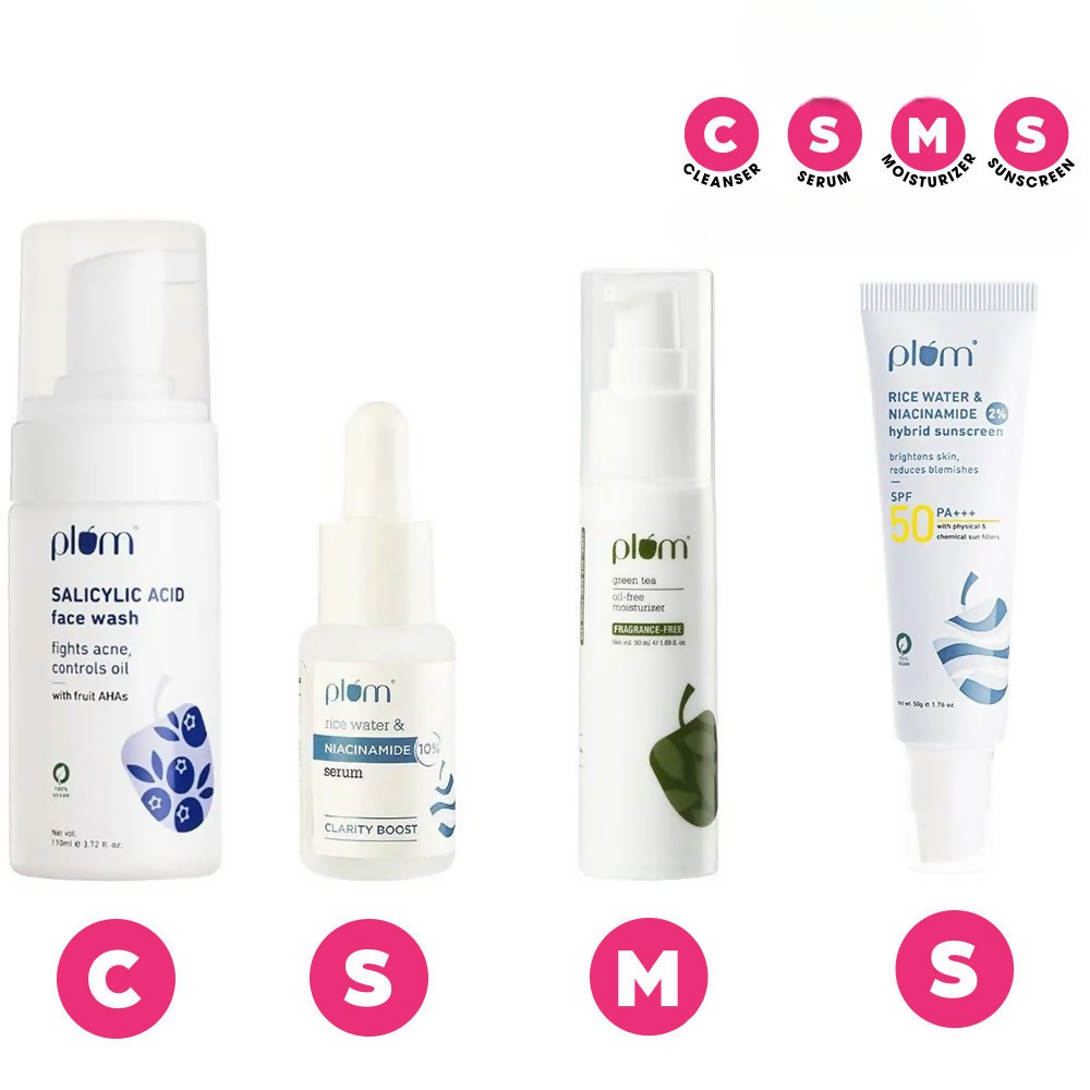 Plum Bright & Clear Skin Routine CSMS (Cleanser, Serum, Moisturizer, Sunscreen) Combo