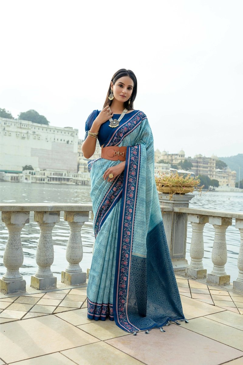 Aastha Fashion Blue Floral Printed Cotton Silk Saree with Blouse - Distacart