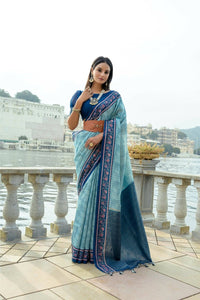 Thumbnail for Aastha Fashion Blue Floral Printed Cotton Silk Saree with Blouse - Distacart