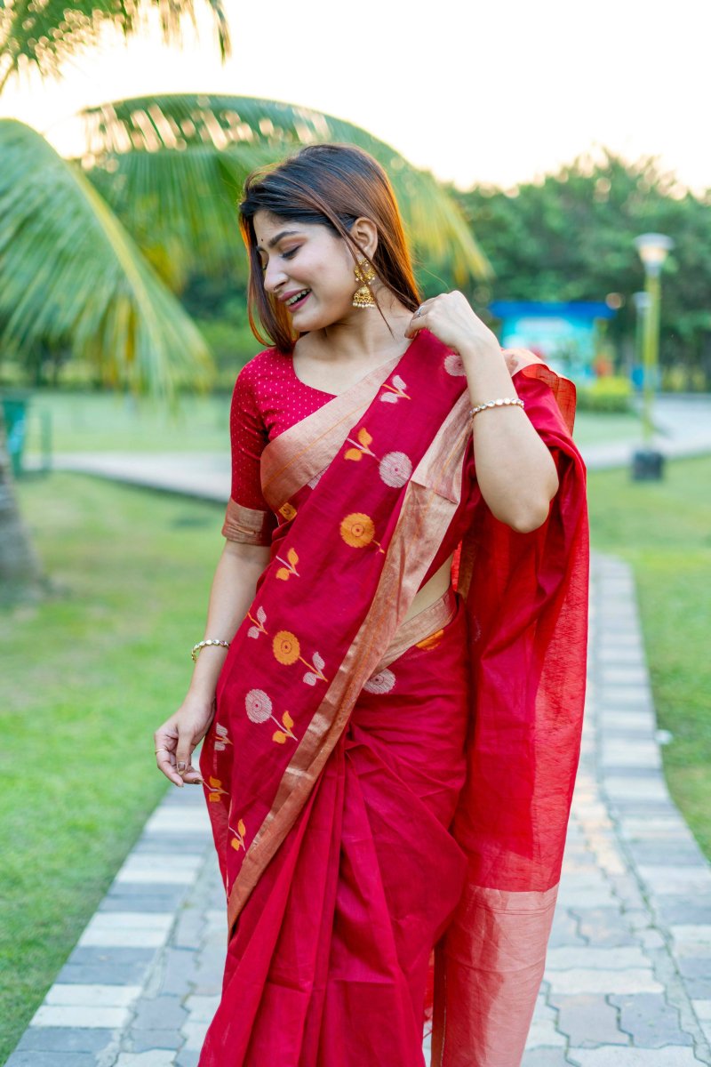 Aastha Fashion Red Woven Cotton Silk Saree with Blouse - Distacart