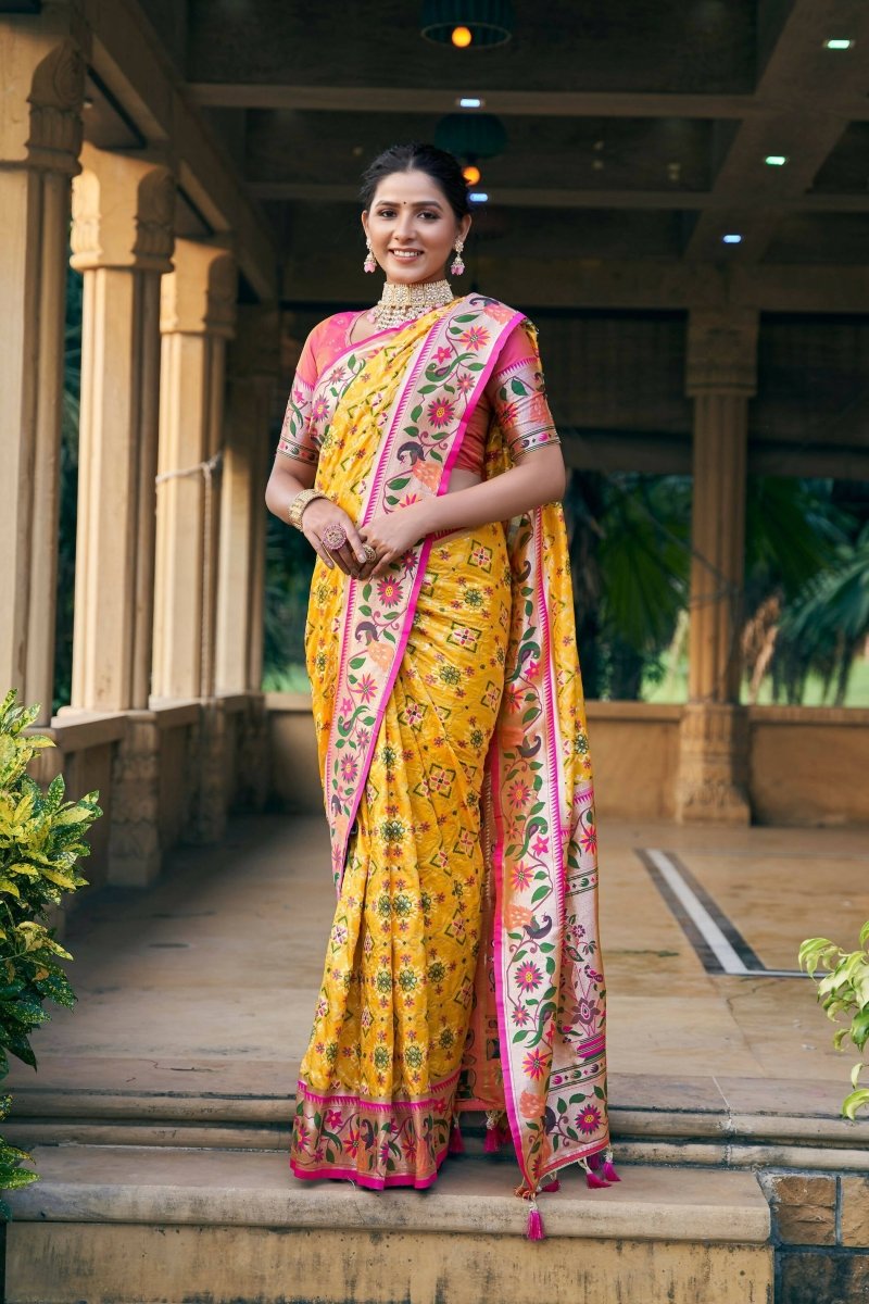 Aastha Fashion Yellow Woven Patola Silk Saree with Blouse - Distacart