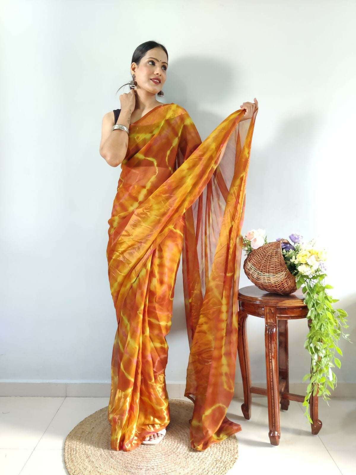 Malishka Chiffon Printed Ready To Wear Saree With Blouse Piece - Yellow - Distacart