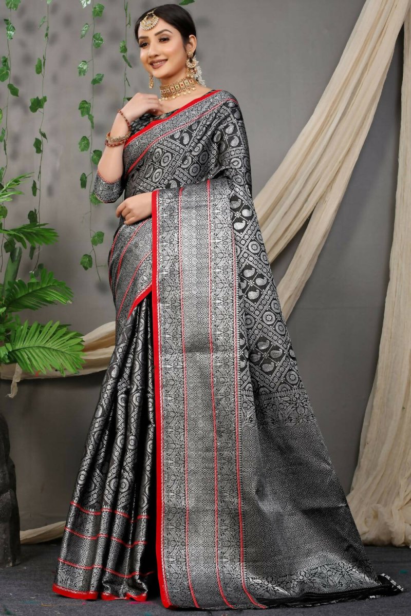 Aastha Fashion Black Woven Kanchipuram Silk Saree with Blouse - Distacart