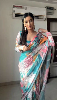 Thumbnail for Malishka Georgette Printed Ready To Wear Saree With Blouse Piece - Sky Blue - Distacart