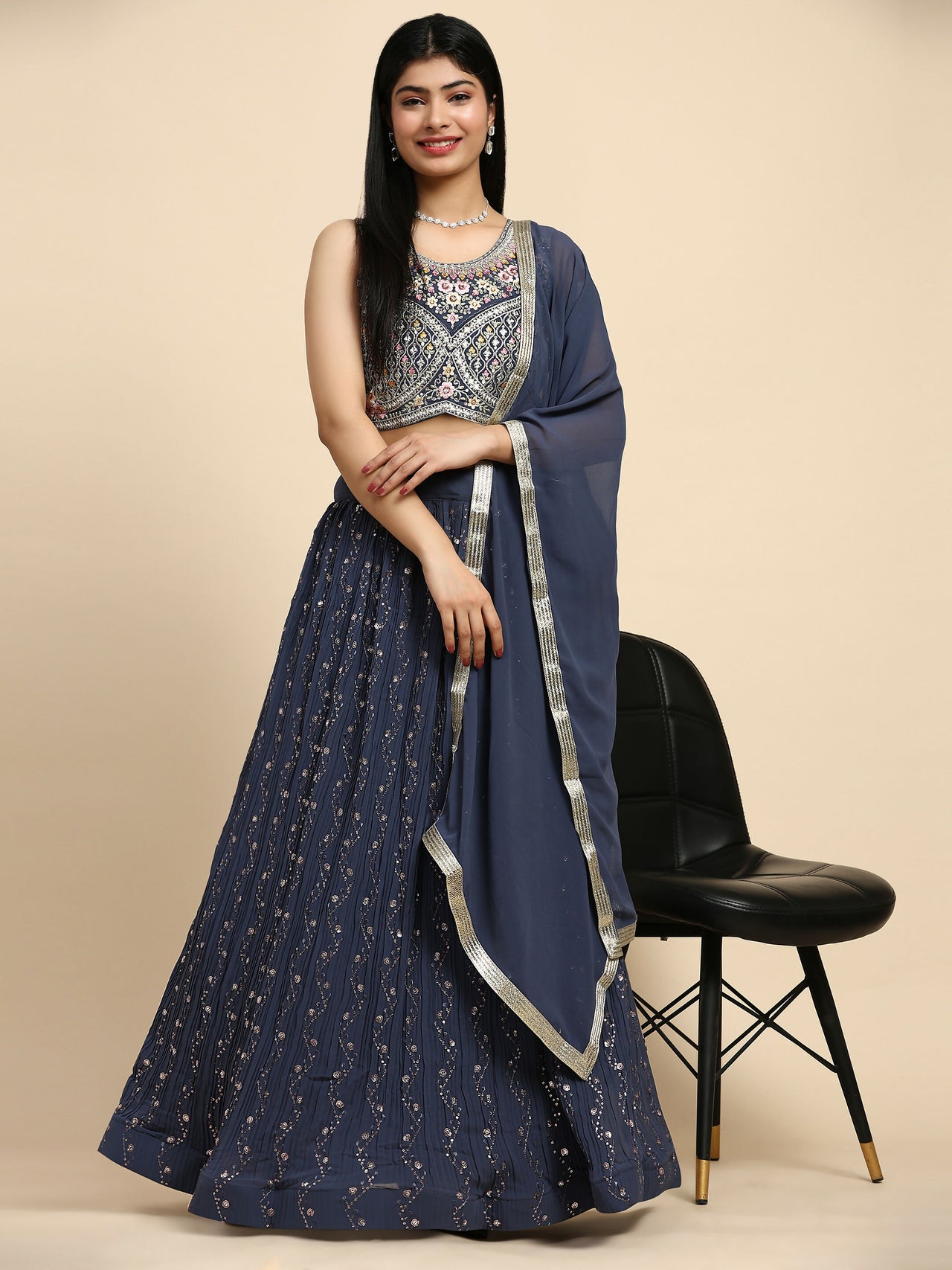 Dark Grey Georgette Embroidered Lehenga choli with Dupatta - Dhara - Distacart