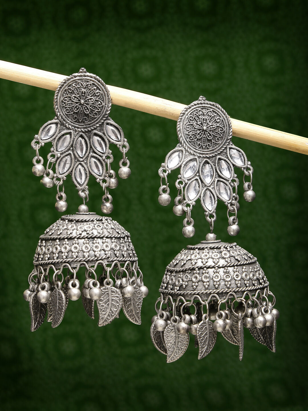 NVR Women's Silver-Plated Oxidised Artificial Stones Dome Shaped Jhumka Earrings - Distacart