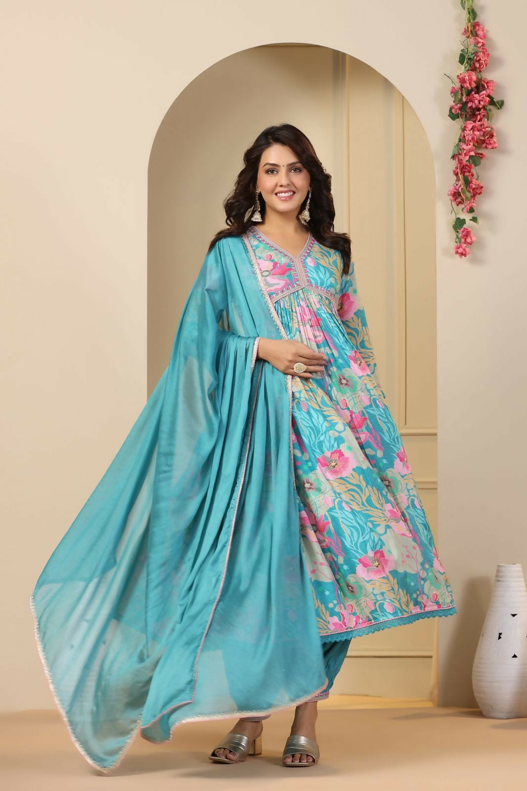 Preksha Creation Cotton Bsy Soft With Digital Lily Designer Women Dress With Dupatta And Pant - Skyblue - Distacart