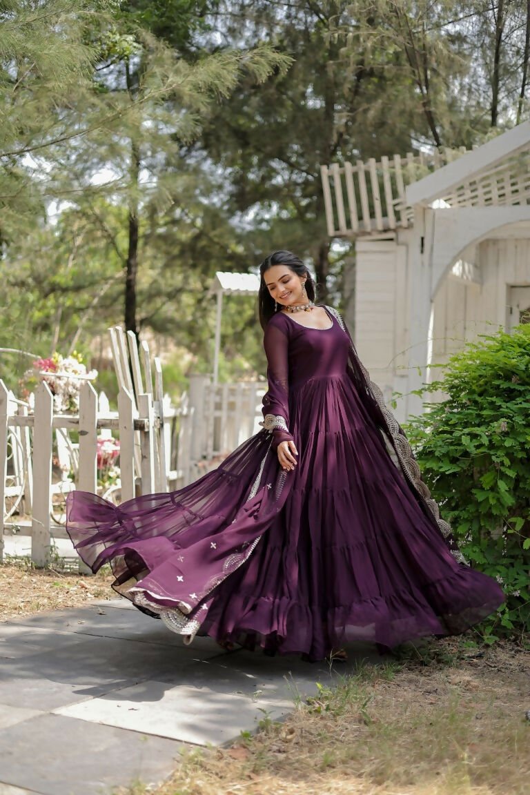 Aastha Fashion Women's Wine Faux Georgette Frill Work Anarkali Dress with Dupatta - Distacart