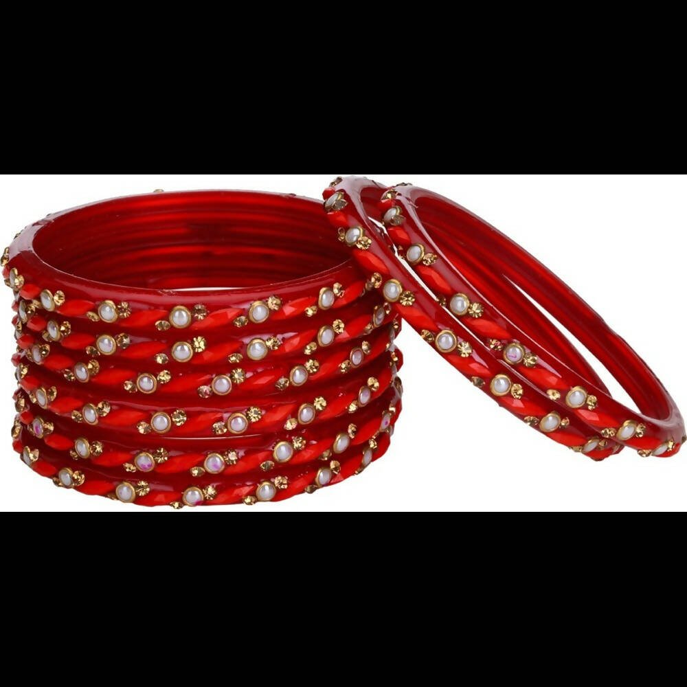 Afast Bridal Wedding & Party Fashionable Colorful Glass Bangle/Kada Set, Pack Of 16 - Red - Distacart