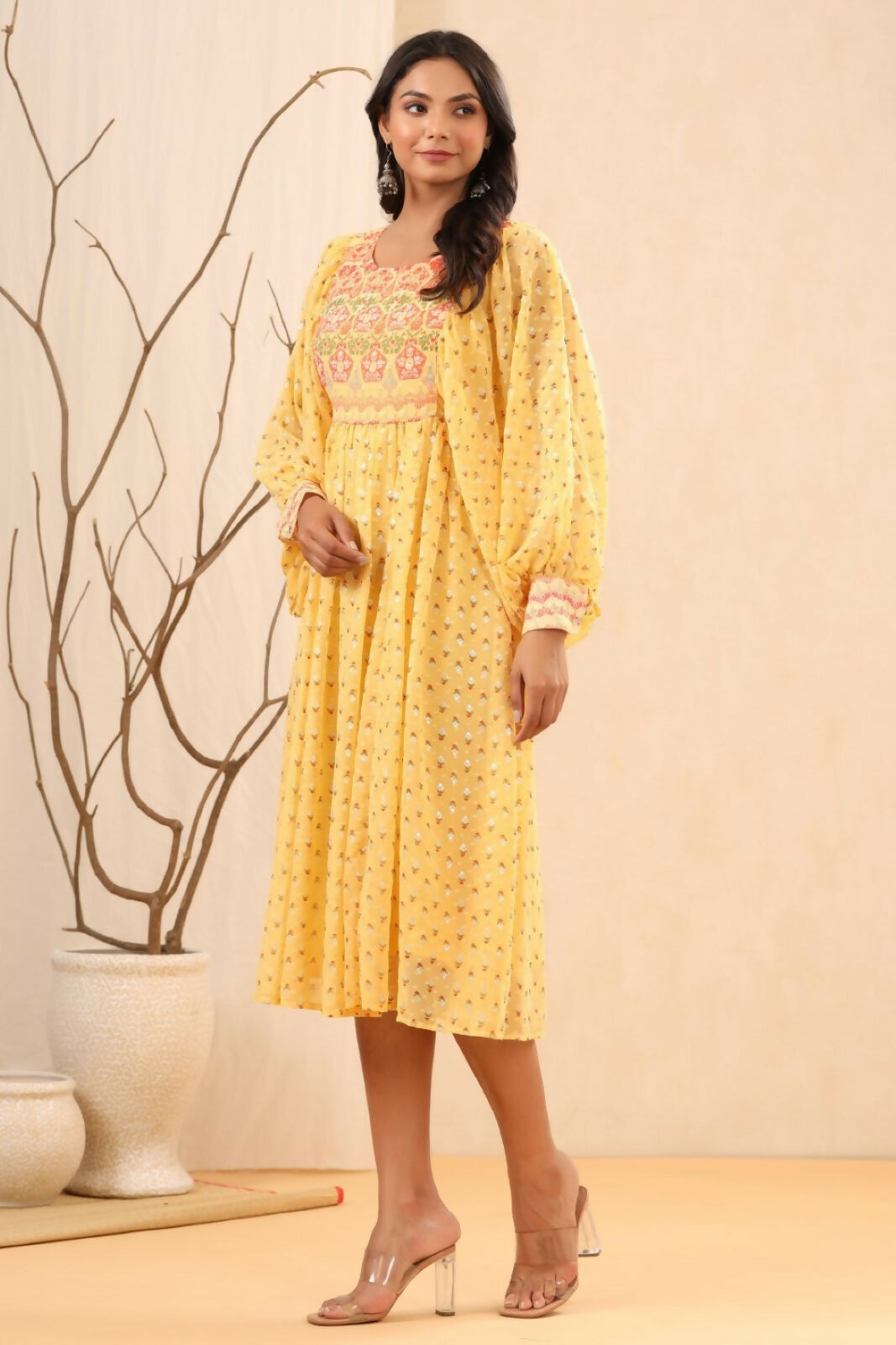 Juniper Yellow Ethnic Motif Printed Georgette Midi Dress With Sequins Work