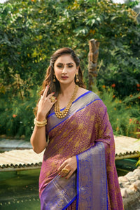 Thumbnail for Aastha Fashion Purple Woven Kanchipuram Silk Saree with Blouse - Distacart