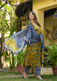 Thumbnail for Indian Fashion Women yellow and Blue Printed Viscose Blend Kurta, Pant And Dupatta Set