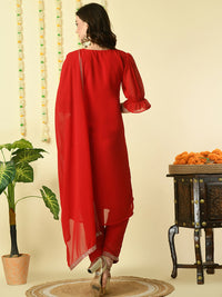 Thumbnail for Myshka Women's Red Georgette Kurta & Trousers With Dupatta Party Sets - Distacart