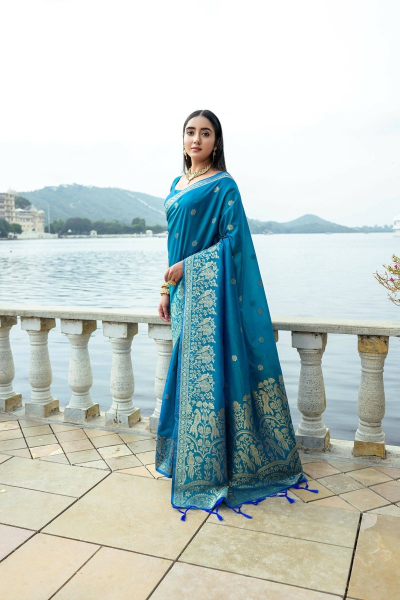 Aastha Fashion Blue Woven Soft Silk Saree with Blouse - Distacart