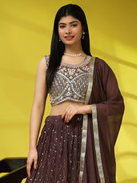 Thumbnail for Brown Georgette Embroidered Lehenga choli with Dupatta - Dhara - Distacart