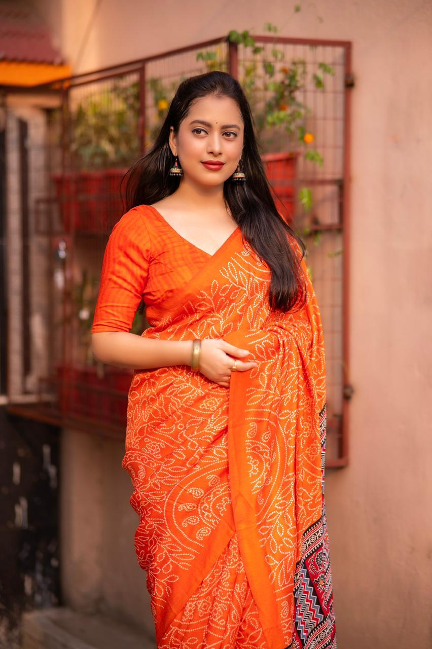 Orange Silk Blend Ajrak Saree with Unstitched Blouse - Hiral Fashion - Distacart