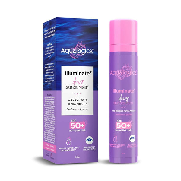 Aqualogica Illuminate+ Dewy Sunscreen SPF 50+ PA++++ with Wild Berries & Alpha Arbutin, Protection Against Uva/B & Blue Light Protection