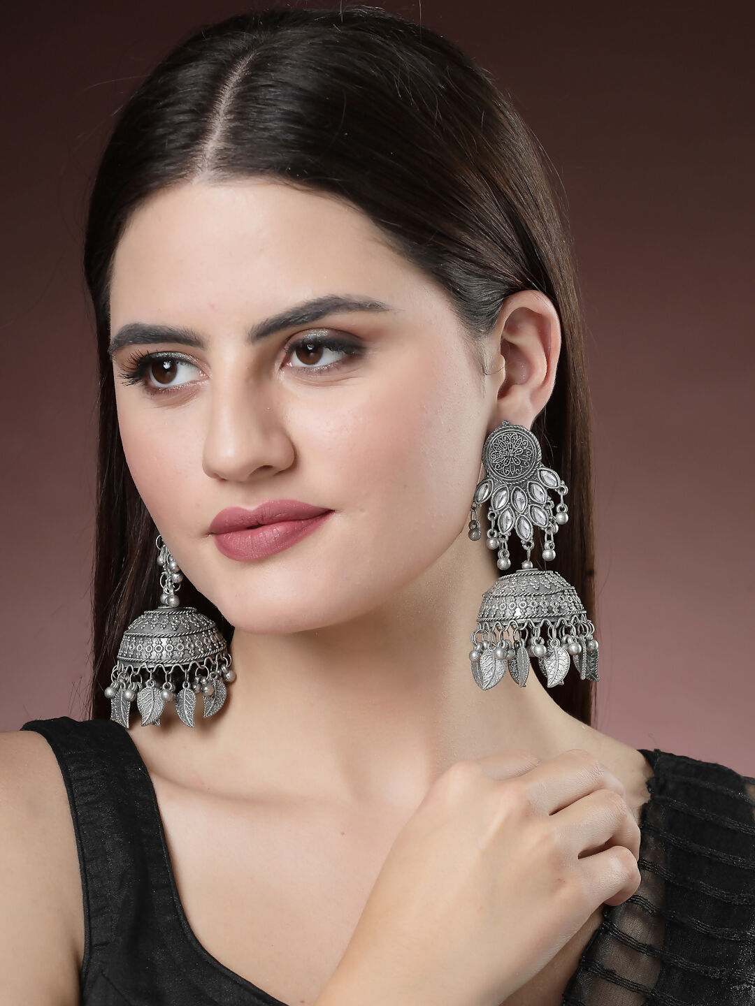 NVR Women's Silver-Plated Oxidised Artificial Stones Dome Shaped Jhumka Earrings - Distacart