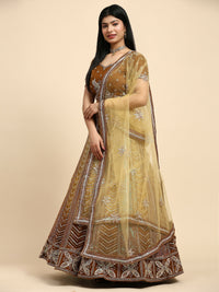 Thumbnail for Brown Fancy Net Sequence Embroidered Lehenga Choli with Dupatta - Dhara - Distacart