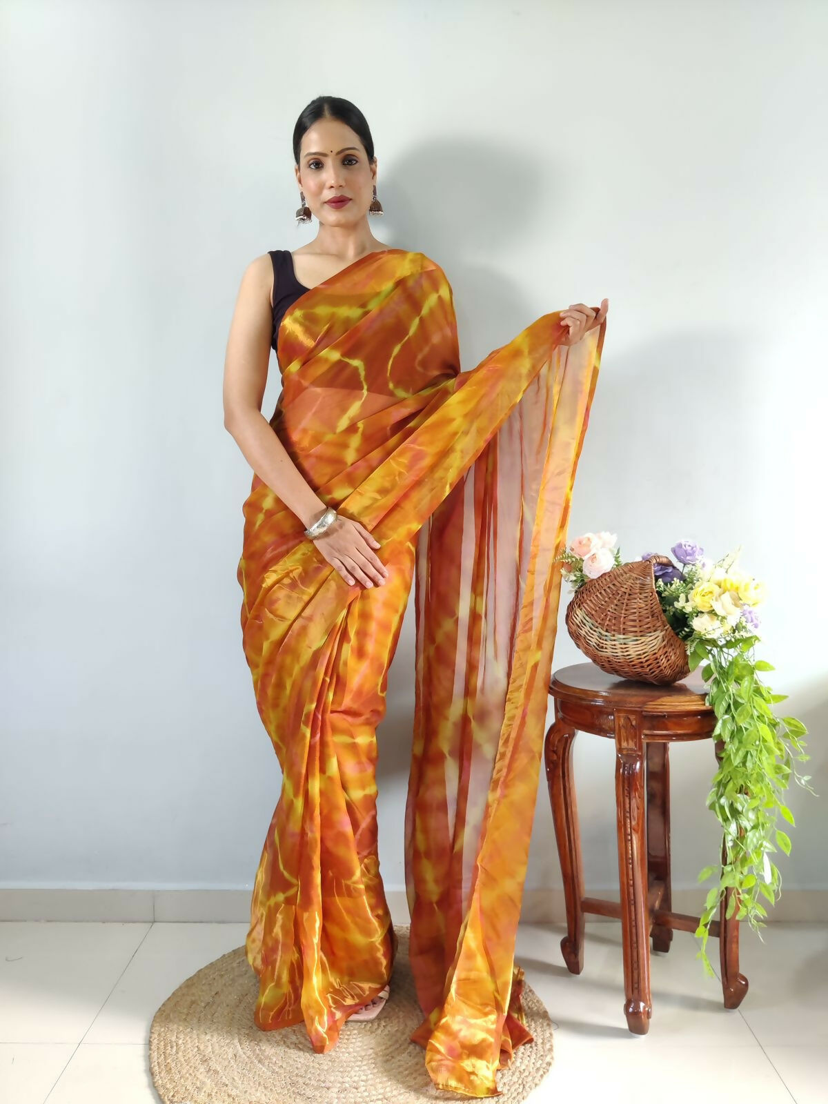 Malishka Chiffon Printed Ready To Wear Saree With Blouse Piece - Yellow - Distacart