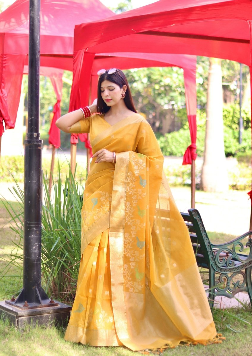 Aastha Fashion Yellow Thread Woven Cotton Silk Saree with Blouse - Distacart