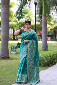 Thumbnail for Aastha Fashion Teal Woven Handloom Raw Silk Saree with Blouse - Distacart