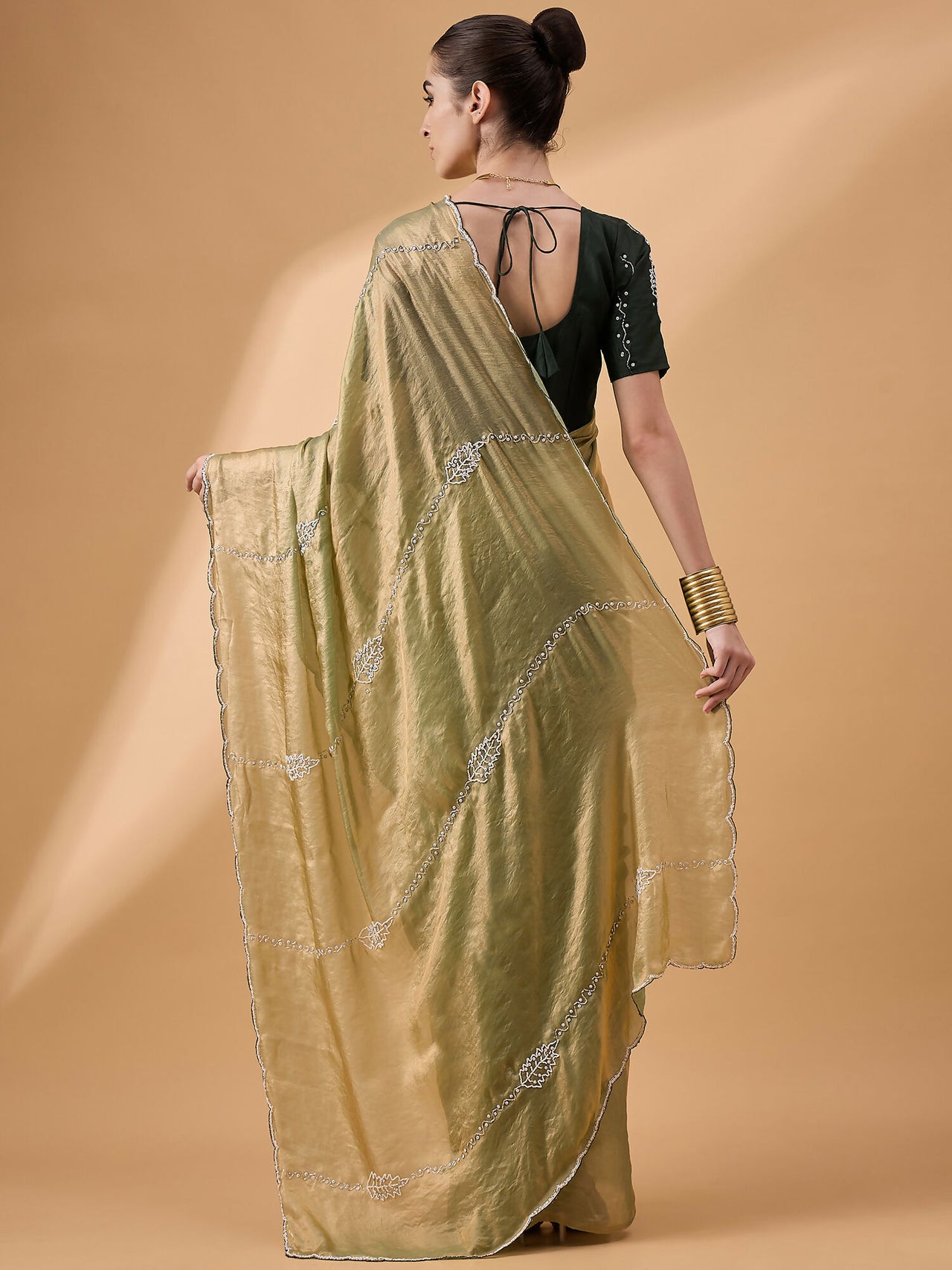 Green Muslin Embroidered Saree with Unstitched Blouse Piece - Satya